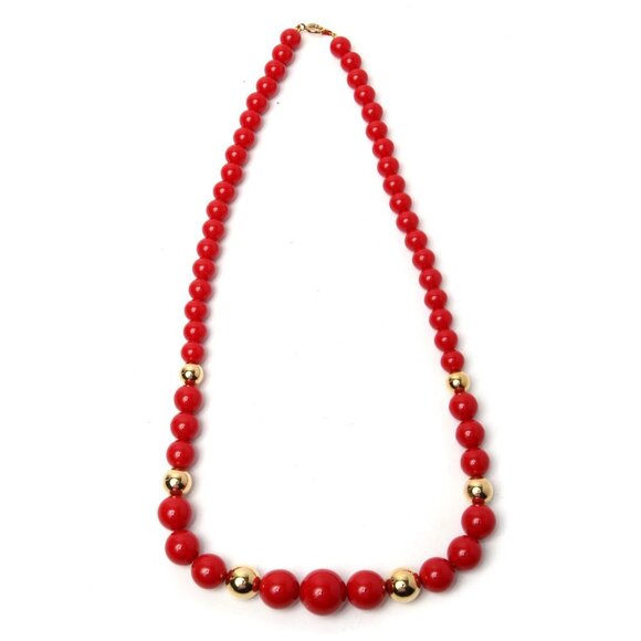Vintage Chunky Round Acrylic Beaded Necklace Beads Red Gold 1980s Retro Costume - Picture 1 of 6